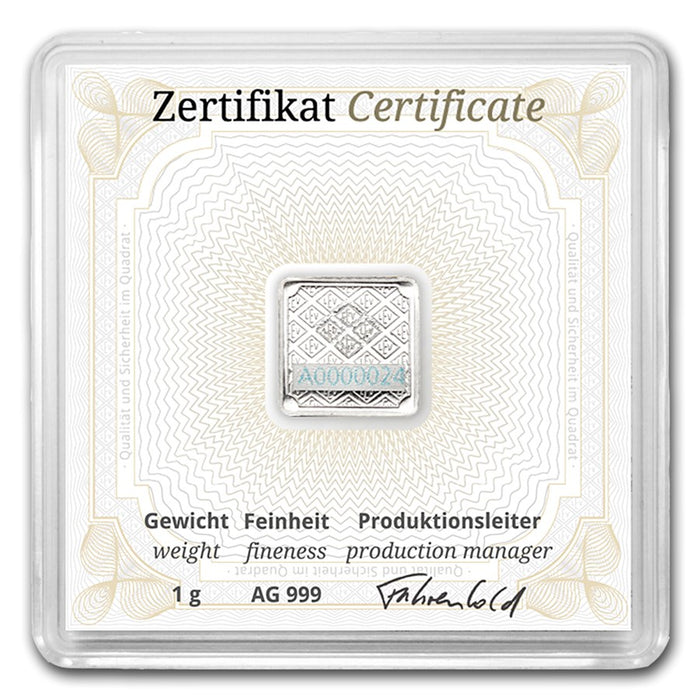1 gram Silver Square - Geiger Edelmetalle (Encapsulated w/Assay)